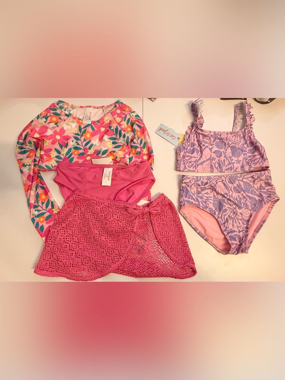 2)Cat & Jack Pink Floral Girls Swim Set with Cover-Up new